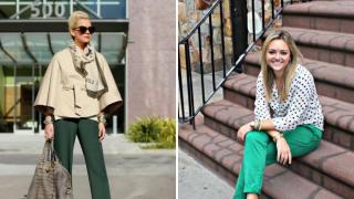 Быть в тренде: с чем носить зеленые брюки Блузка к зеленым брюкам